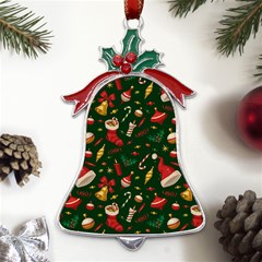 Texture, Pattern, Red, Craciun, Christmas, Hat, Santa, Green Metal Holly Leaf Bell Ornament