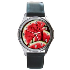 Watermelon, Fruit, Green, Red Round Metal Watch