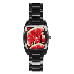 Watermelon, Fruit, Green, Red Stainless Steel Barrel Watch by kyorashop23