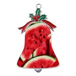 Watermelon, Fruit, Green, Red Metal Holly Leaf Bell Ornament Front