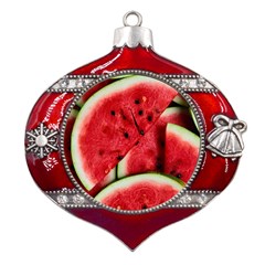 Watermelon, Fruit, Green, Red Metal Snowflake And Bell Red Ornament