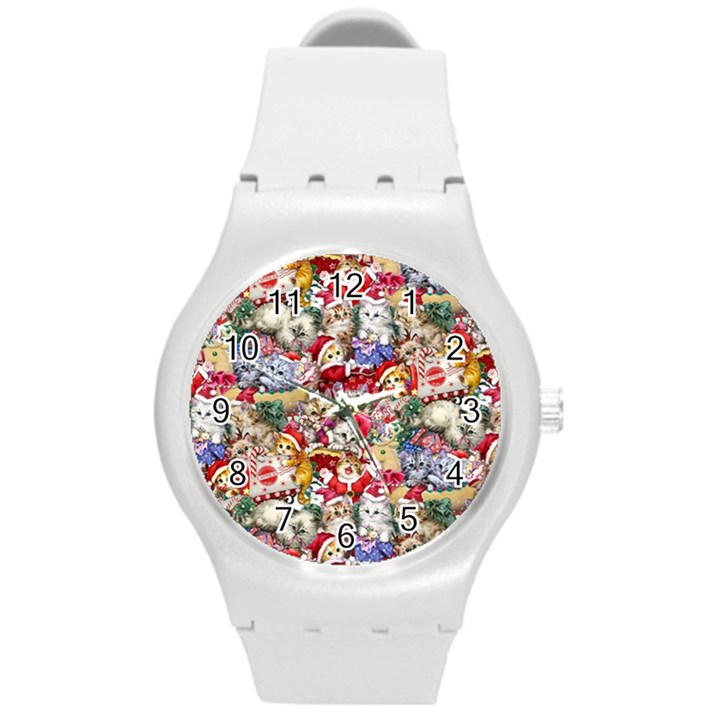 Pattern Kitten Christmas Round Plastic Sport Watch (M)