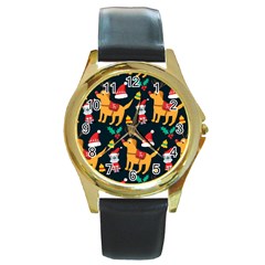 Funny Christmas Pattern Background Round Gold Metal Watch