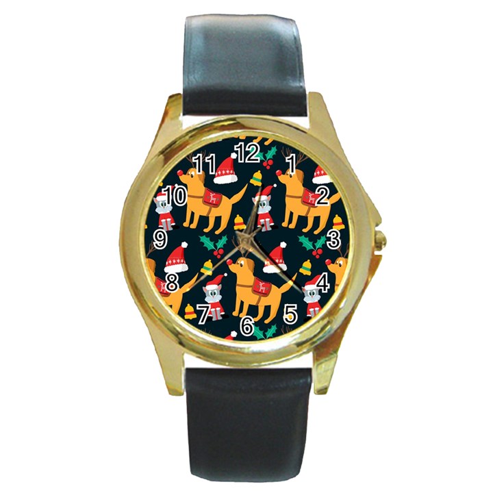 Funny Christmas Pattern Background Round Gold Metal Watch