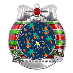 Colorful Funny Christmas Pattern Metal X mas Ribbon With Red Crystal Round Ornament