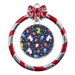 Colorful Funny Christmas Pattern Metal Red Ribbon Round Ornament