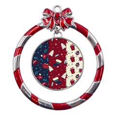 Flat Design Christmas Pattern Collection Art Metal Red Ribbon Round Ornament by Ket1n9