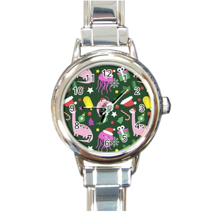 Dinosaur Colorful Funny Christmas Pattern Round Italian Charm Watch