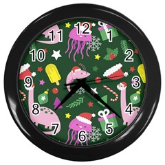 Dinosaur Colorful Funny Christmas Pattern Wall Clock (black)