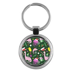 Dinosaur Colorful Funny Christmas Pattern Key Chain (round)