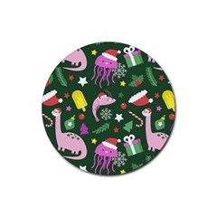 Dinosaur Colorful Funny Christmas Pattern Rubber Round Coaster (4 Pack)