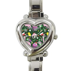 Dinosaur Colorful Funny Christmas Pattern Heart Italian Charm Watch