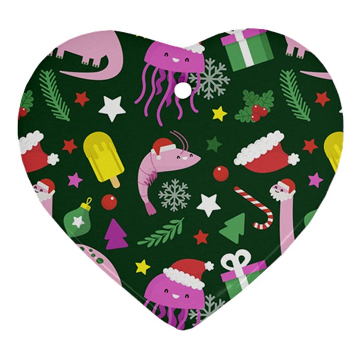 Dinosaur Colorful Funny Christmas Pattern Heart Ornament (Two Sides)