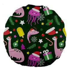 Dinosaur Colorful Funny Christmas Pattern Large 18  Premium Round Cushions