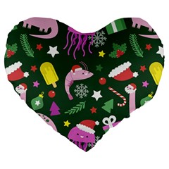 Dinosaur Colorful Funny Christmas Pattern Large 19  Premium Heart Shape Cushions