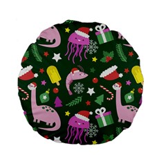 Dinosaur Colorful Funny Christmas Pattern Standard 15  Premium Flano Round Cushions