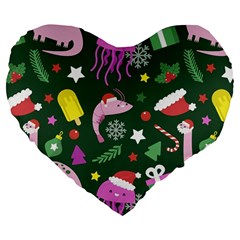 Dinosaur Colorful Funny Christmas Pattern Large 19  Premium Flano Heart Shape Cushions