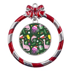 Dinosaur Colorful Funny Christmas Pattern Metal Red Ribbon Round Ornament by Ket1n9