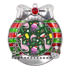 Dinosaur Colorful Funny Christmas Pattern Metal X mas Ribbon With Red Crystal Round Ornament