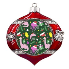 Dinosaur Colorful Funny Christmas Pattern Metal Snowflake And Bell Red Ornament