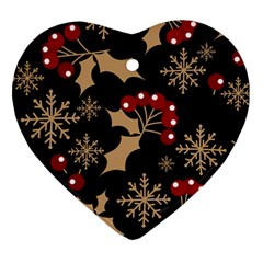 Christmas Pattern With Snowflakes Berries Heart Ornament (two Sides)