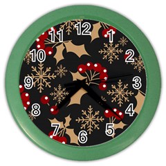 Christmas Pattern With Snowflakes Berries Color Wall Clock by Ket1n9