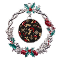 Christmas Pattern With Snowflakes Berries Metal X mas Wreath Holly Leaf Ornament