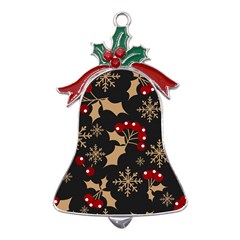 Christmas Pattern With Snowflakes Berries Metal Holly Leaf Bell Ornament