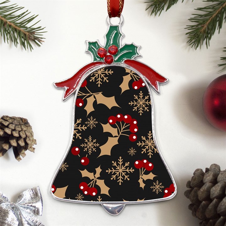 Christmas Pattern With Snowflakes Berries Metal Holly Leaf Bell Ornament