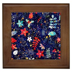 Festive Floral Pattern Christmas Blue Floral Flower Foliage Leaves Pattern Red Snow Winter Framed Tile