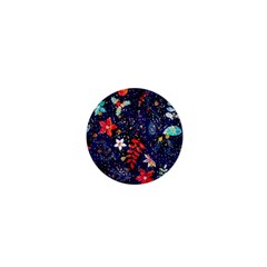 Festive Floral Pattern Christmas Blue Floral Flower Foliage Leaves Pattern Red Snow Winter 1  Mini Buttons