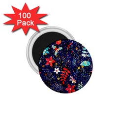 Festive Floral Pattern Christmas Blue Floral Flower Foliage Leaves Pattern Red Snow Winter 1 75  Magnets (100 Pack) 