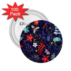 Festive Floral Pattern Christmas Blue Floral Flower Foliage Leaves Pattern Red Snow Winter 2 25  Buttons (100 Pack) 