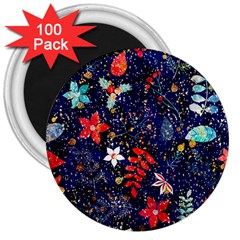 Festive Floral Pattern Christmas Blue Floral Flower Foliage Leaves Pattern Red Snow Winter 3  Magnets (100 Pack)