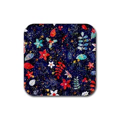 Festive Floral Pattern Christmas Blue Floral Flower Foliage Leaves Pattern Red Snow Winter Rubber Coaster (square)