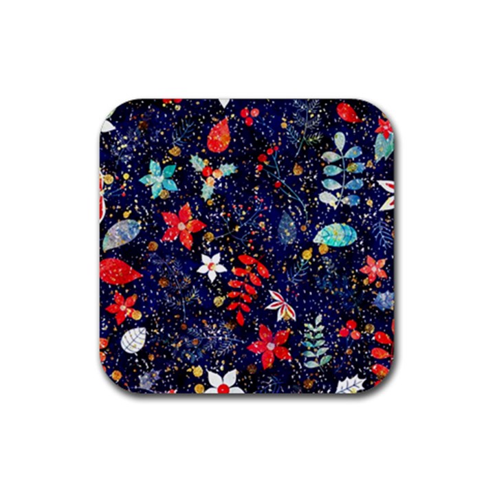 Festive Floral Pattern Christmas Blue Floral Flower Foliage Leaves Pattern Red Snow Winter Rubber Coaster (Square)