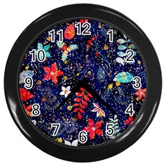 Festive Floral Pattern Christmas Blue Floral Flower Foliage Leaves Pattern Red Snow Winter Wall Clock (black)