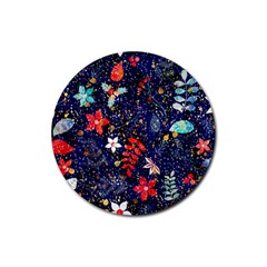 Festive Floral Pattern Christmas Blue Floral Flower Foliage Leaves Pattern Red Snow Winter Rubber Round Coaster (4 Pack)