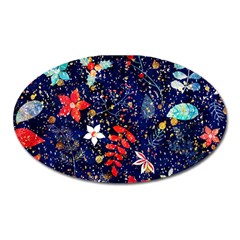 Festive Floral Pattern Christmas Blue Floral Flower Foliage Leaves Pattern Red Snow Winter Oval Magnet