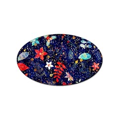 Festive Floral Pattern Christmas Blue Floral Flower Foliage Leaves Pattern Red Snow Winter Sticker Oval (10 Pack)