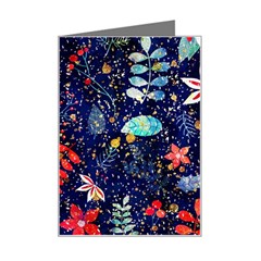 Festive Floral Pattern Christmas Blue Floral Flower Foliage Leaves Pattern Red Snow Winter Mini Greeting Card