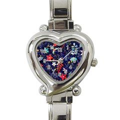 Festive Floral Pattern Christmas Blue Floral Flower Foliage Leaves Pattern Red Snow Winter Heart Italian Charm Watch