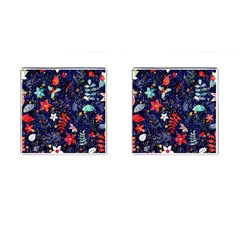 Festive Floral Pattern Christmas Blue Floral Flower Foliage Leaves Pattern Red Snow Winter Cufflinks (square)