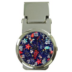 Festive Floral Pattern Christmas Blue Floral Flower Foliage Leaves Pattern Red Snow Winter Money Clip Watches