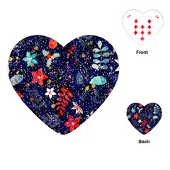 Festive Floral Pattern Christmas Blue Floral Flower Foliage Leaves Pattern Red Snow Winter Playing Cards Single Design (heart)