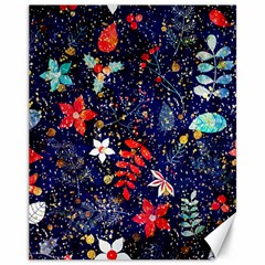 Festive Floral Pattern Christmas Blue Floral Flower Foliage Leaves Pattern Red Snow Winter Canvas 11  X 14 