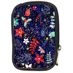 Festive Floral Pattern Christmas Blue Floral Flower Foliage Leaves Pattern Red Snow Winter Compact Camera Leather Case