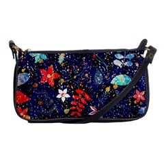 Festive Floral Pattern Christmas Blue Floral Flower Foliage Leaves Pattern Red Snow Winter Shoulder Clutch Bag