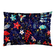 Festive Floral Pattern Christmas Blue Floral Flower Foliage Leaves Pattern Red Snow Winter Pillow Case (two Sides)