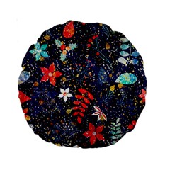 Festive Floral Pattern Christmas Blue Floral Flower Foliage Leaves Pattern Red Snow Winter Standard 15  Premium Round Cushions